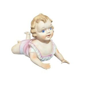 Bisque‎ Porcelain Piano Baby Figurine Crawling Girl in  Pink Dress  Vintage 9"